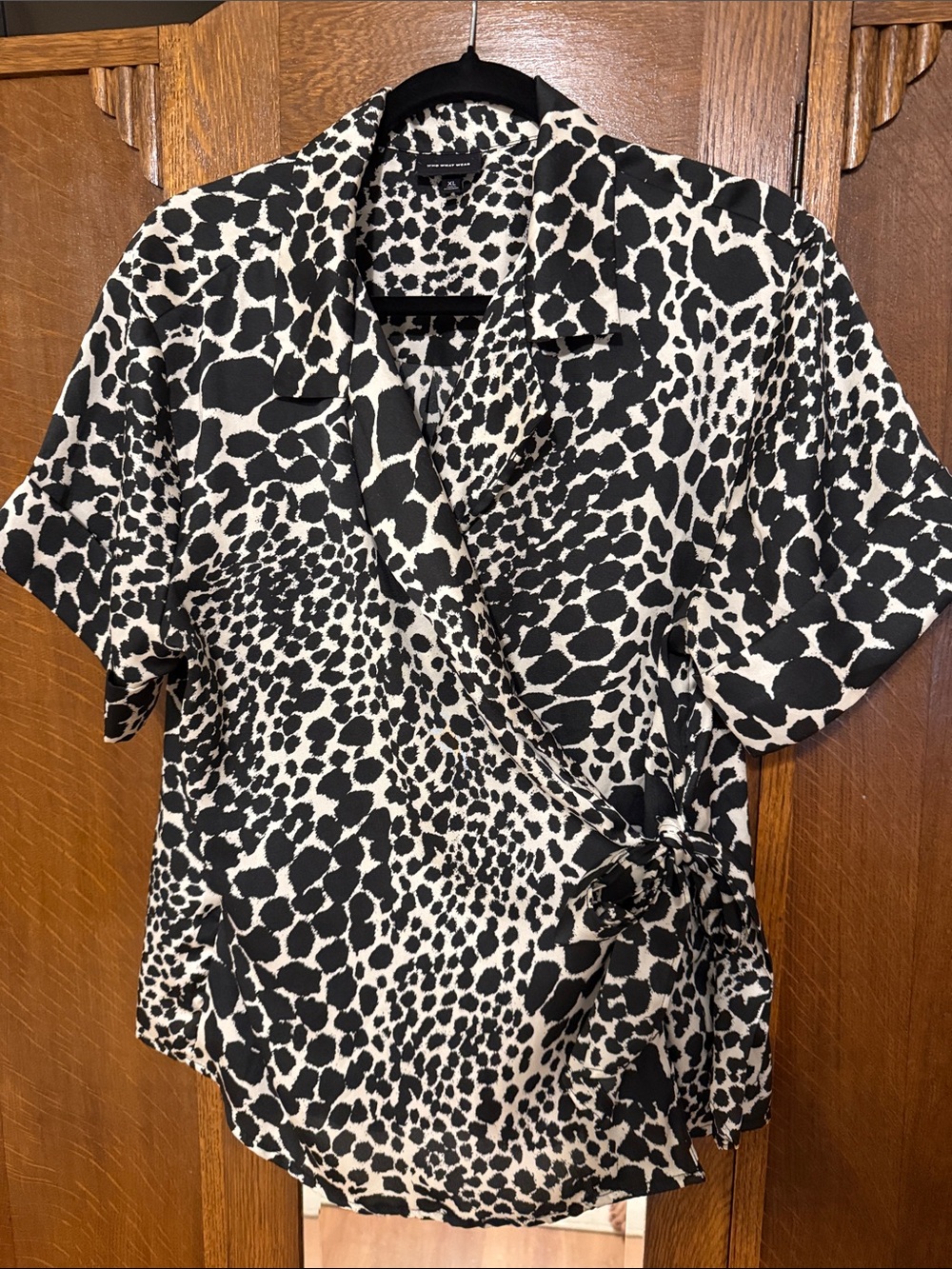Who What Wear Black and Ivory Animal Print Wrap Blouse, XL